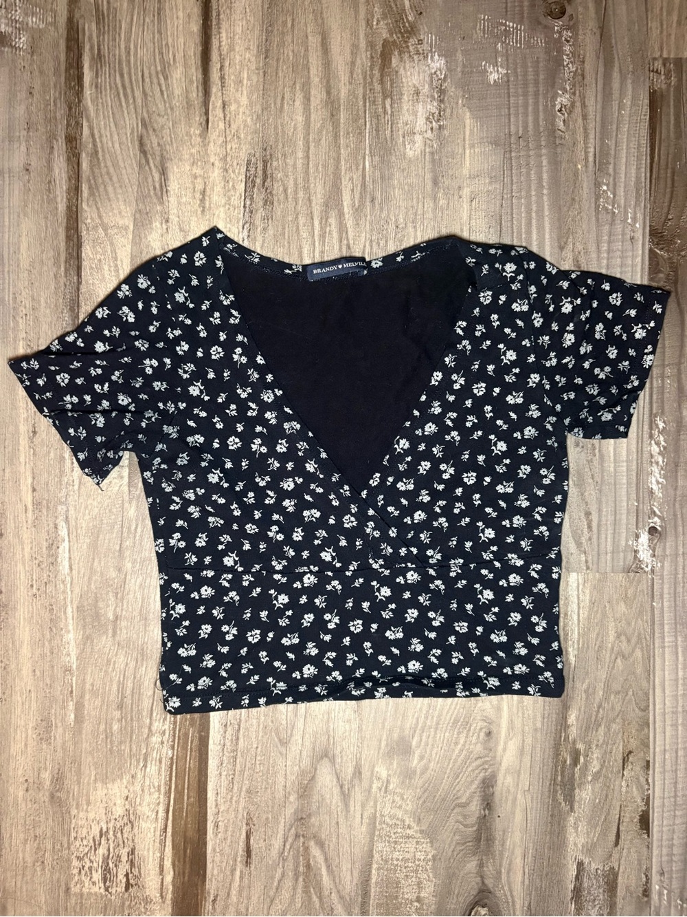 Brandy Melville Black White Floral Wrap-Style Crop Top